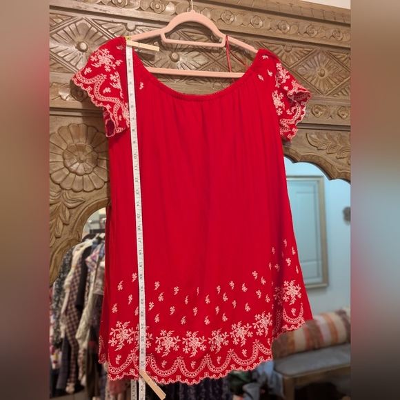 Altar'd State- Red Off-Shoulder Dress Or Tunic with White Embroidery - Picture 15 of 16